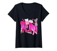 Femme RN Registered Nurse Chignon Messy Chignon Femme Sensibilisation au Cancer du Sein T-Shirt avec Col en V