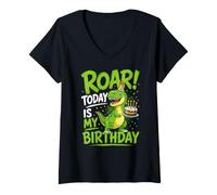 Femme Roar Aujourd'hui C'est Mon Anniversaire T-Rex Dino Gâteau T-Shirt avec Col en V