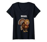 Femme Roar Turkey Lion Humour Thanksgiving T-Shirt avec Col en V