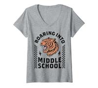 Femme Roaring Into Middle School Boy Funny Tiger 1er Jour 6e année T-Shirt avec Col en V