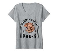 Femme Roaring Into Pre K Tiger 1st Day Back to School Garçon Fille Enfant T-Shirt avec Col en V