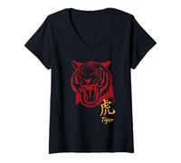Femme Roaring Tiger Chinese Zodiac and Brave 2022 Lunar New Year T-Shirt avec Col en V