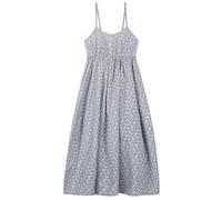 Femme Robe à Bretelles 100% Coton Popeline Robe de Plage Robe à Fleurs Robe Midi Taille Haute avec Bretelles Réglables Longueur de la Robe 118cm - Bleu-Gris Clair avec Fleurs Roses & Blanches A48