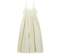 Femme Robe à Bretelles 100% Coton Popeline Robe de Plage Robe à Fleurs Robe Midi Taille Haute avec Bretelles Réglables Longueur de la Robe 118cm - Jaune avec Fleurs Jaunes & Bleues A22