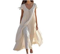 Femme Robe Boheme Chic Coton Lin Manches Longues/Manches Courtes Robe Col V Elegant Robes Swing D'éTé Plage DéContracté Maxi Robes Grande Taille Couleur Unie BohèMe Mi-Longue Dress