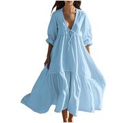 Femme Robe Boheme Chic Coton Lin Manches Longues/Manches Courtes Robe Col V Elegant Robes Swing D'éTé Plage DéContracté Maxi Robes Grande Taille Couleur Unie BohèMe Mi-Longue Dress