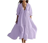 Femme Robe Boheme Chic Coton Lin Manches Longues/Manches Courtes Robe Col V Elegant Robes Swing D'éTé Plage DéContracté Maxi Robes Grande Taille Couleur Unie BohèMe Mi-Longue Dress