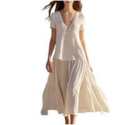 Femme Robe Boheme Chic Coton Lin Manches Longues/Manches Courtes Robe Col V Elegant Robes Swing D'éTé Plage DéContracté Maxi Robes Grande Taille Couleur Unie BohèMe Mi-Longue Dress