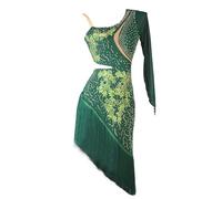 Femme Robe Danse Classique Manches Longues Une Epaule Dentelle/Strass Asymétrique Robe Danse Latine Salsa Salon Rumba Justaucorps Ballet Dancewear S-XXL,Dark Green,S