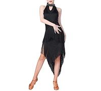 Femme Robe Danse Latine Tango Salsa Jazz à Franges Robe Danse sans Manches Robe de Soirée Vêtements de Danse,Noir,XL