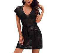 Femme Robe de Plage Crochet Maillot Cache Maillot de Bain Col V Robe Bikini Cover Up Tunique Cache Maillot Ajourée avec Cordon de Serrage Taille (8010-Noir)