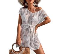 Femme Robe de Plage Crochet Maillot Cache Maillot de Bain Col V Robe Bikini Cover Up Tunique Cache Maillot Ajourée avec Cordon de Serrage Taille(8010-Blanc)