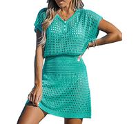 Femme Robe de Plage Crochet Maillot Cache Maillot de Bain Col V Robe Bikini Cover Up Tunique Cache Maillot Ajourée avec Cordon de Serrage Taille(5257-Vert)