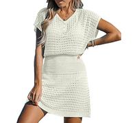 Femme Robe de Plage Crochet Maillot Cache Maillot de Bain Col V Robe Bikini Cover Up Tunique Cache Maillot Ajourée avec Cordon de Serrage Taille(5257-Blanc)