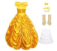 Femme Robe de Princesse Belle Fancy Dress Up Déguisement Adulte Halloween Carnaval Costume Cosplay La Belle et la Bête Jaune Longue Classique Robe de Soirée Fête Noël avec Gants