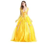Femme Robe de Princesse Déguisement Belle Adulte Fancy Dress Up Cosplay Costume Carnaval Halloween Noël Anniversaire Fête Photographie Prop Jaune Longue Robe de Soirée avec Gants Jaune 2XL