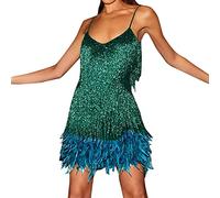 Femme Robe Gatsby Couleur Unie sans Manche 1920S Robe à Frange Bretelles Chic Robe à Charleston Déguisement pour Soirée Danse Latine