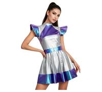 Femme Robe Holographique De Disco Métallique Sans Manche Argenté Bleu S