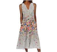 Femme Robe Longue Imprimé Floral Maxi Robe BohèMe avec Poches sans Manches Grande Taille éLéGante Et DéContractéE Robes D'éTé Col en V BoutonnéE Robes A-Line Casual Dress pour FêTe Mariage