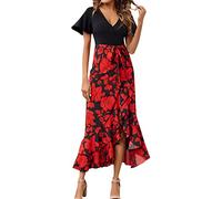 Femme Robe Medievale Floral Imprimé Décontracté Robe d'été Mini Robe à Manches Courtes à Col en V Robe Courte Fleurie Robe Volants Bohème Robe Imprimé Floral Elégant Slim Fit Robe Chemise Femme