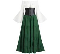Femme Robe médiévale gothique Palais de la Renaissance Robe de Cérémonie Longue Style Irlandais Robes de Bal 800 Vintage Manches Trompette Maxi Robe de Princesse Costume Corset Halloween, vert, XL