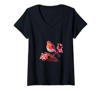 Femme Robin à Poitrine Rouge sur Fleur de Cerisier Poly Vector Art T-Shirt avec Col en V