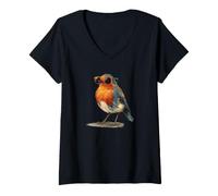 Femme Robin avec Plumes et Lunettes de Soleil T-Shirt avec Col en V