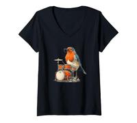 Femme Robin Bird drôle à Lunettes avec Tambour à Bascule T-Shirt avec Col en V
