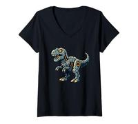 Femme Robotique T-Rex Cartoon Dinosaure Tech Style T-Shirt avec Col en V