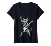 Femme Rock and Roll Cat Playing Electric Guitar Tabby Kitten T-Shirt avec Col en V
