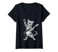 Femme Rock and Roll Cat Playing Electric Guitar Tabby Kitten T-Shirt avec Col en V