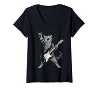 Femme Rock and Roll Cat Playing Electric Guitar Tabby Kitten T-Shirt avec Col en V