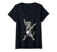 Femme Rock and Roll Cat Playing Electric Guitar Tabby Kitten T-Shirt avec Col en V