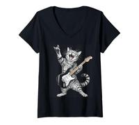 Femme Rock and Roll Cat Playing Electric Guitar Tabby Kitten T-Shirt avec Col en V