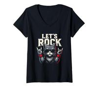 Femme Rock and Roll Cat Rockstar Vintage Rock & Roll Concert Cat T-Shirt avec Col en V