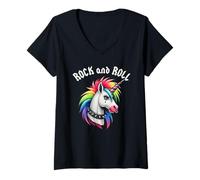 Femme Rock and Roll Rainbow Unicorn Emo Goth Alternative, Animal T-Shirt avec Col en V