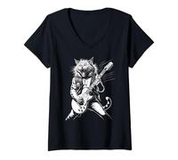 Femme Rock Cat avec Guitare, Musique Rock, Rocker, Guitariste T-Shirt avec Col en V