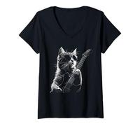 Femme Rock Cat Lovers Heavy Retro Roll Metal Guitar Music T-Shirt avec Col en V