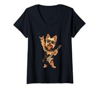 Femme Rock Dog Yorkshire Terrier Cool Pet Graphique ludique Vibrant T-Shirt avec Col en V