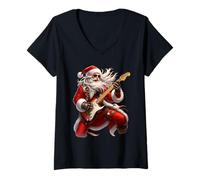 Femme Rock Guitar Santa Claus Playing Guitar Christmas Pajamas Fun T-Shirt avec Col en V