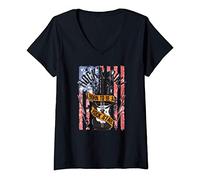 Femme Rock N' Roll Guitar American Flag Music Band T-Shirt avec Col en V