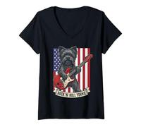 Femme Rock N Roll Yorkie Dog Playing Guitar USA Flag Puppy T-Shirt avec Col en V
