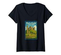Femme Rock of Cashel Irlande Vintage Voyage Souvenir Art Graphique T-Shirt avec Col en V
