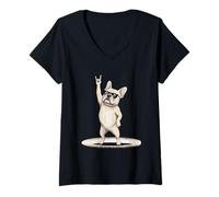 Femme Rock on Bulldog avec Lunettes de Soleil T-Shirt avec Col en V