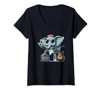 Femme Rock on Elephant Guitar Lover T-Shirt avec Col en V