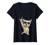 Femme Rock on Pup avec Lunettes de Soleil Design Amusant T-Shirt avec Col en V