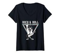 Femme Rock & Roll Feline Cool Cat Guitare T-Shirt avec Col en V
