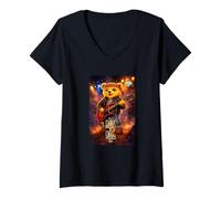 Femme Rock & Roll Teddy Bear Music Player Illustration Graphic T-Shirt avec Col en V