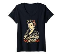 Femme Rockabilly Pin Up Cowgirl Cherry Bomb Vintage Retro Années 50 T-Shirt avec Col en V