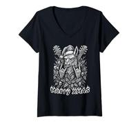 Femme Rocker Santa Lama Metal Music Rebel Gothic Xmas T-Shirt avec Col en V